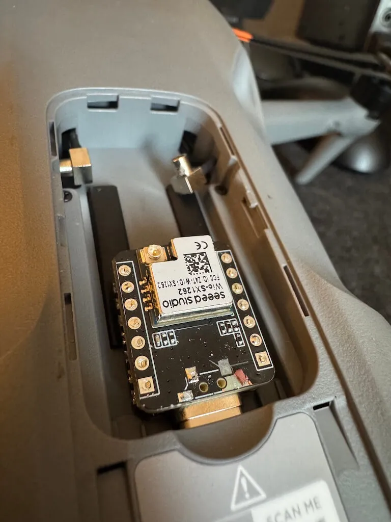 The completed mesh-node airborne repeater installed in the DJI Air 3
