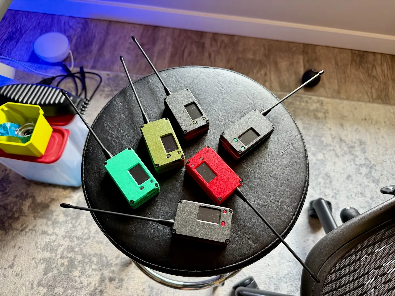 Cases on stool from above