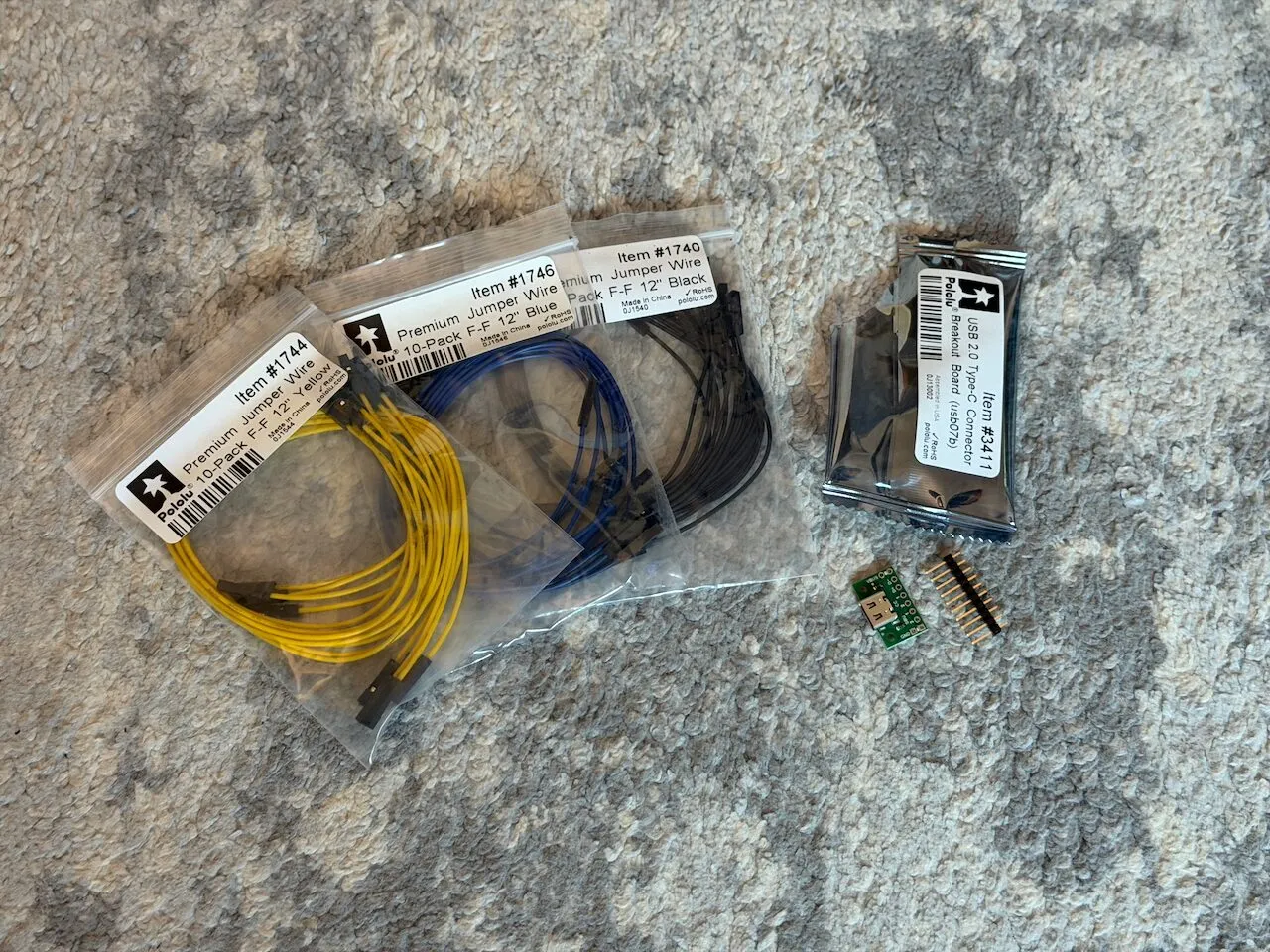 Pololu USB-C breakout board and packs of jumper wire