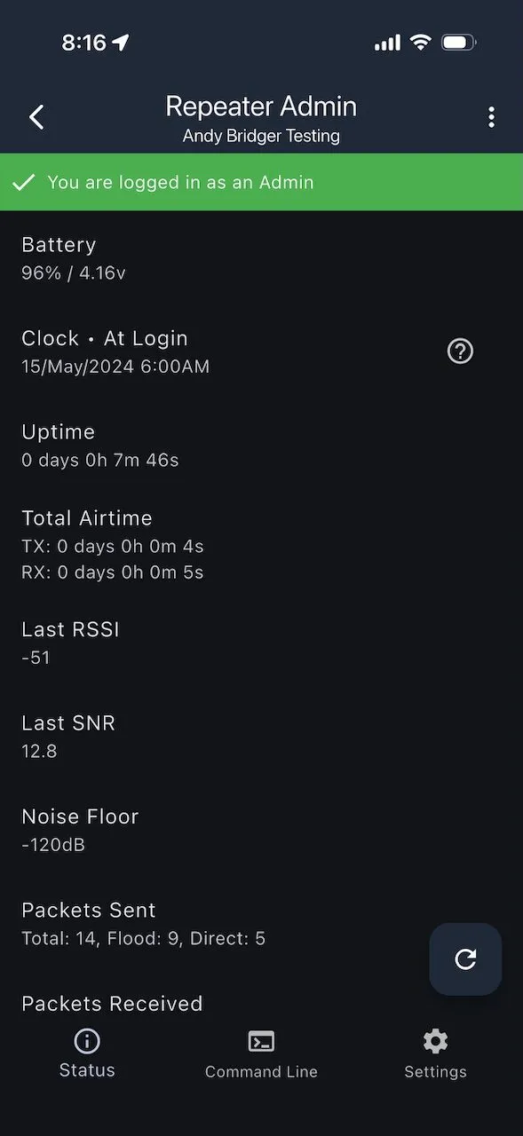 MeshCore app showing voltage